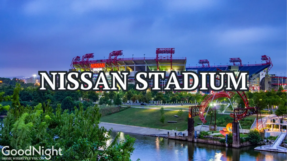 An exterior scene capturing Nissan Stadium, riverfront park, and the city skyline. The area is bustling with activity, ideal for sports events, outdoor concerts, family picnics, and city exploration—all contributing to the energetic, family-friendly vibe described in the section.
