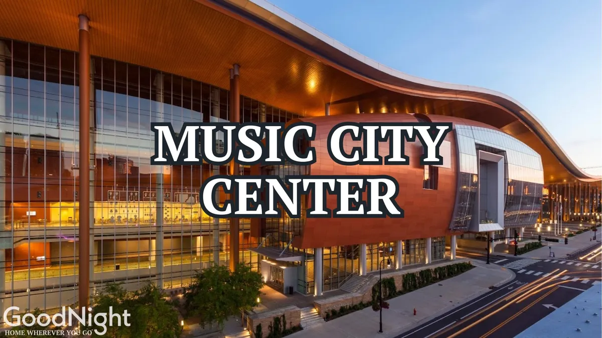 This image features the iconic, architecturally striking Music City Center building with its sweeping curved roof, expansive glass windows, and vibrant greenery. The scene is filled with people attending events, capturing the dynamic public energy downtown.