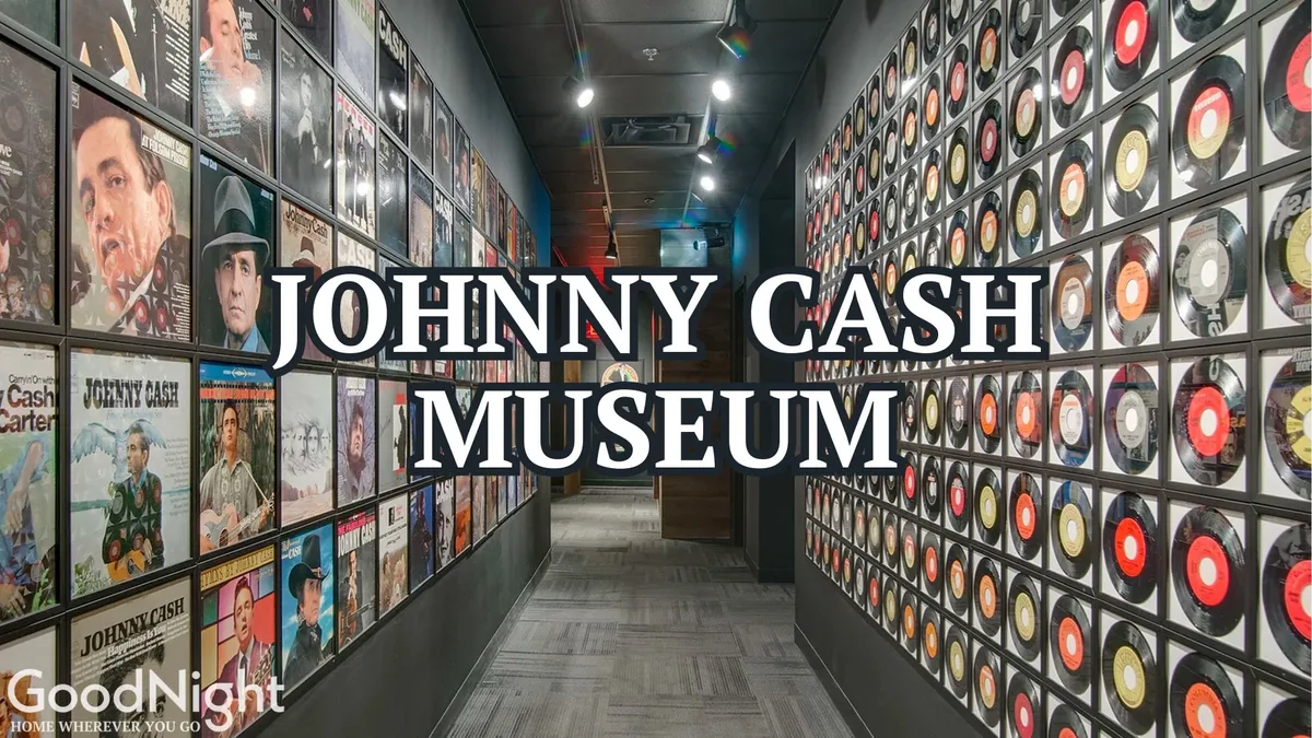 A vibrant interior shot of the Johnny Cash Museum, featuring walls lined with album covers and a wall of vinyl records, accompanied by clear museum signage. The space is filled with musical memorabilia and interactive displays, inviting families to immerse themselves in the city's rich music history.